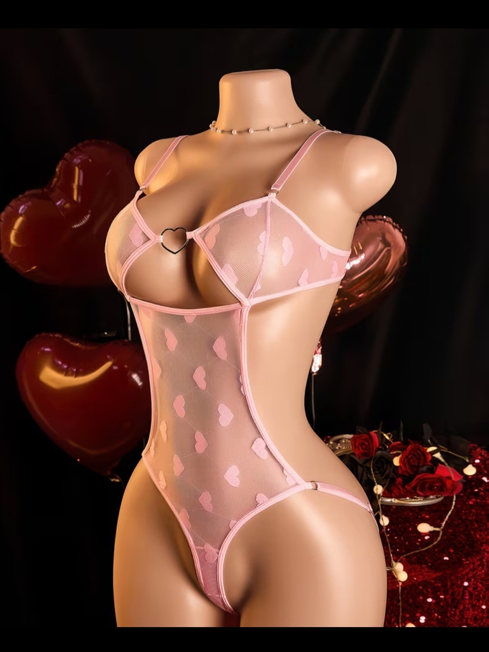 Sheer Pink Heart-Print Mesh Teddy with Heart Ring